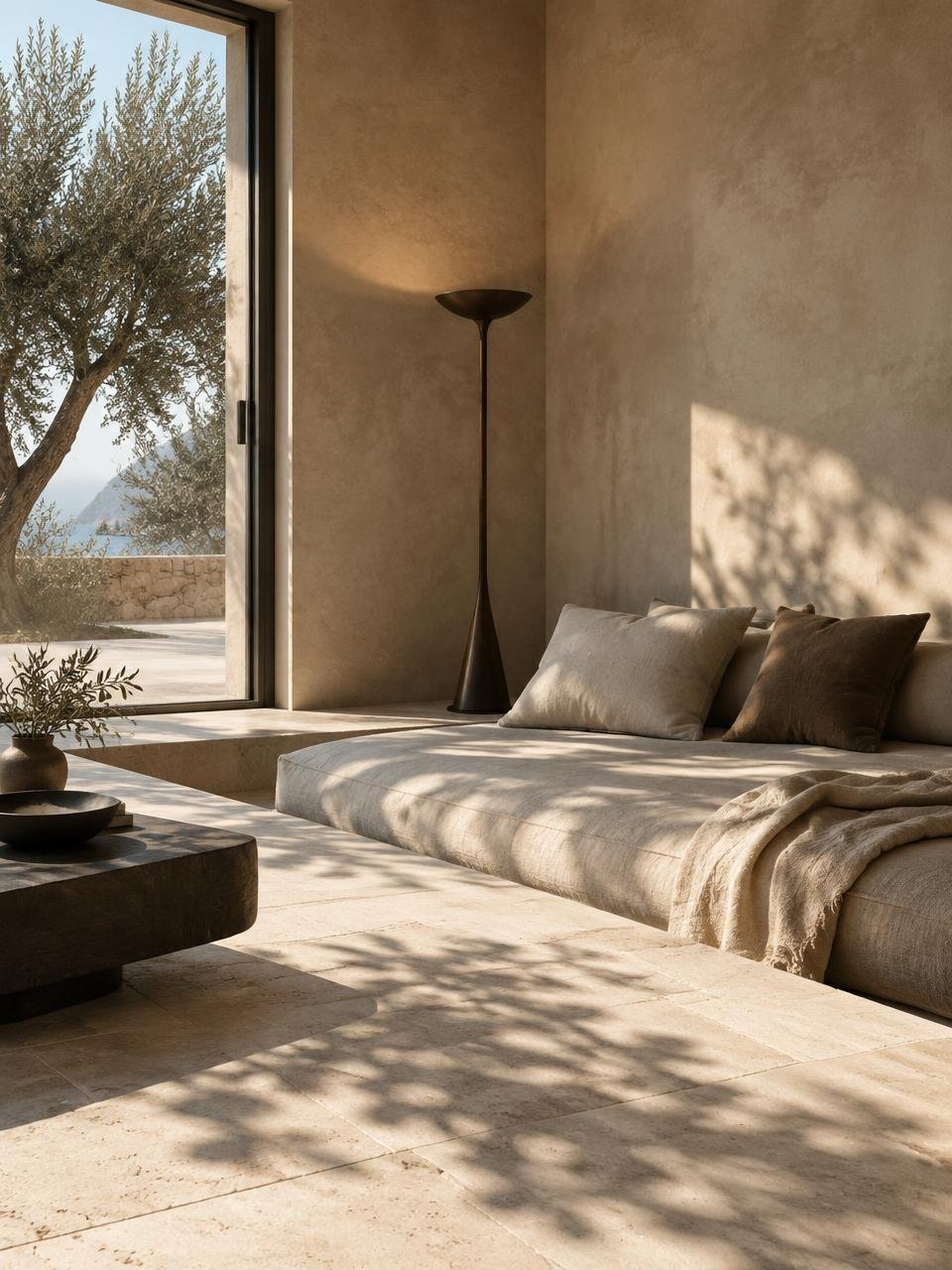 Linen daybed in a calm lime-plaster room