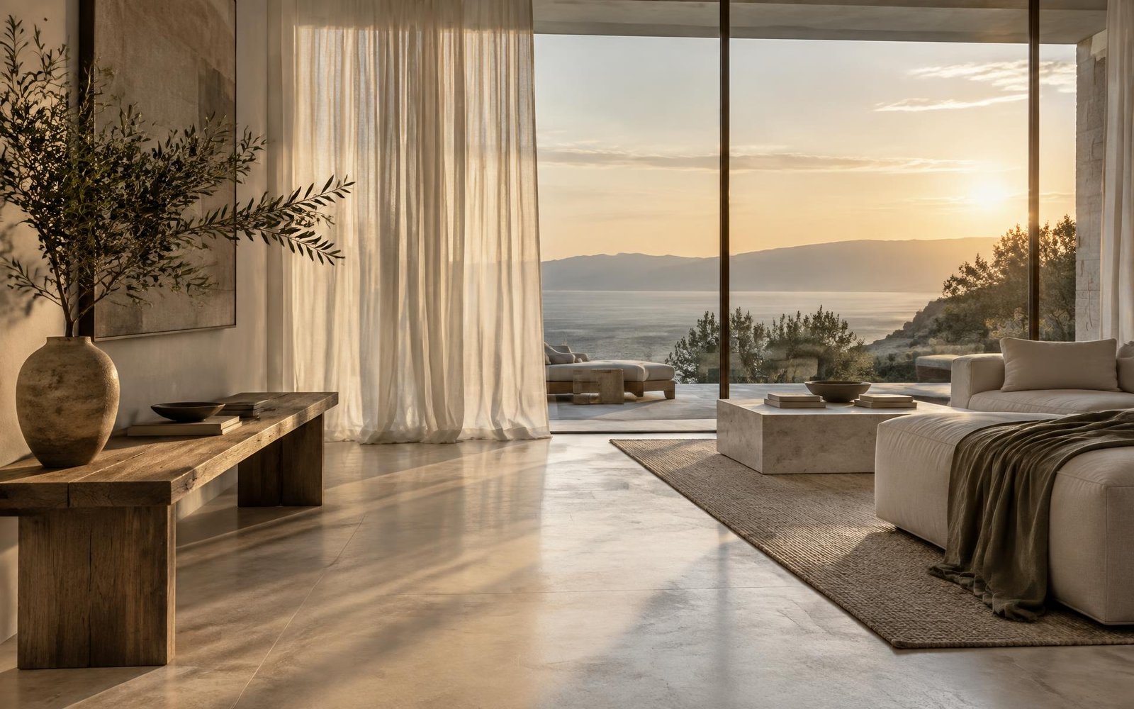 Sunlit living room at Hayan Residence overlooking the sea