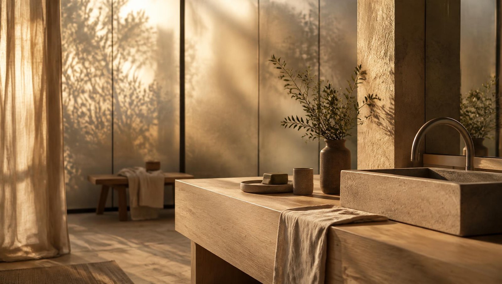 Oak and limestone bathing room filtered through warm glass