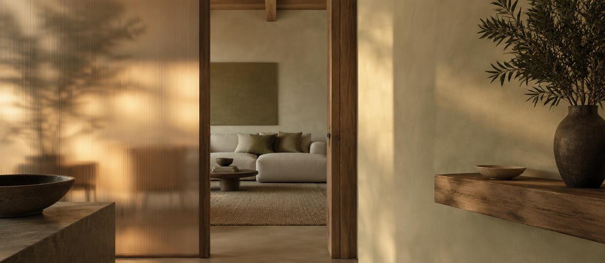 A warm threshold framed by frosted glass and aged oak
