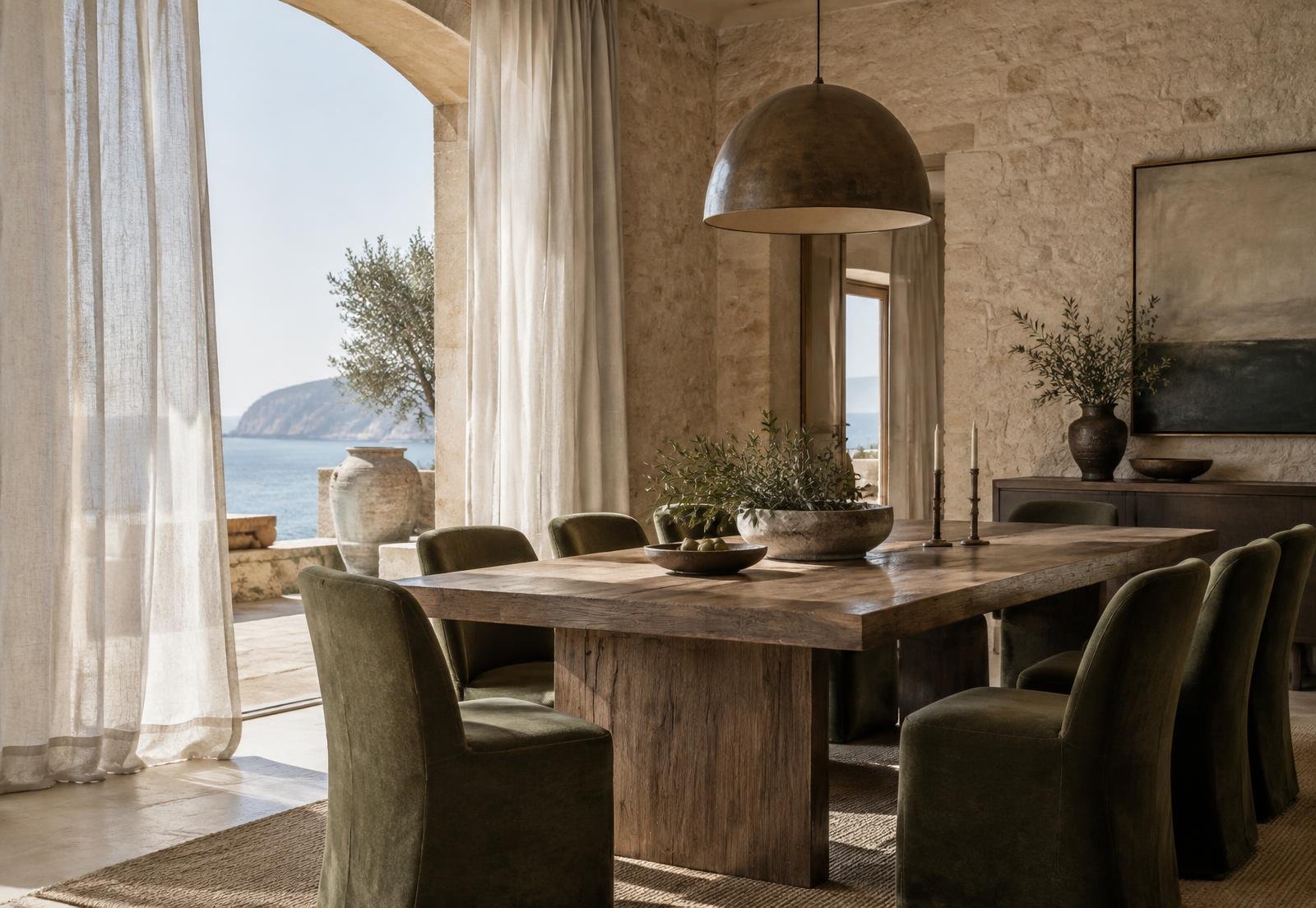 A limestone dining room overlooking the Mediterranean Sea