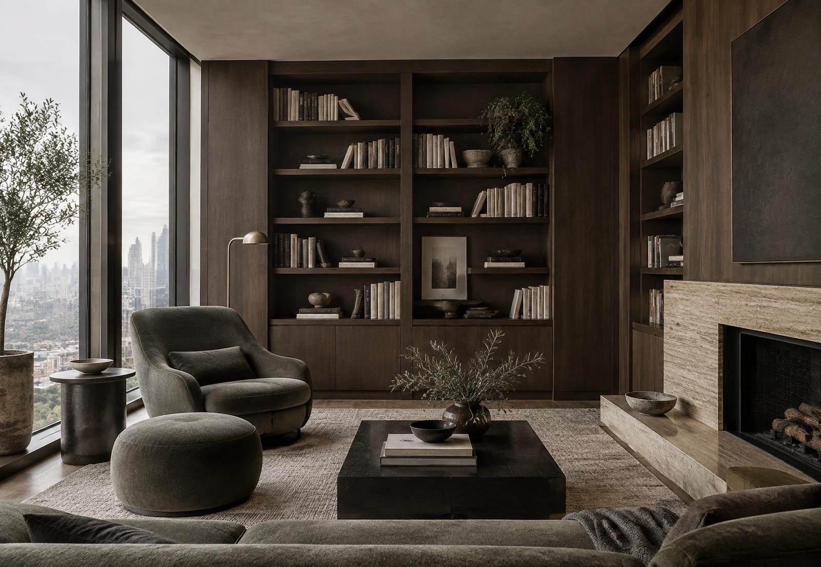 A dark oak library in a quiet city penthouse